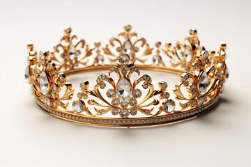 Obraz premium Elegant golden crown with precious stones on a white background. Generated by artificial intelligence