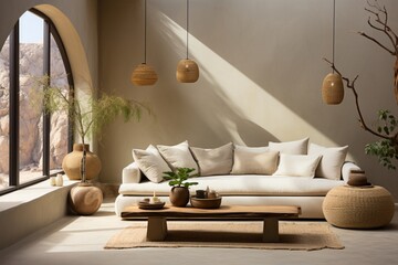 Boho minimalist home interior design of modern living room with beige sofa against a grid window near a stucco wall