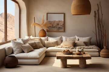 Boho minimalist home interior design of modern living room with a corner sofa in a room with beige stucco walls