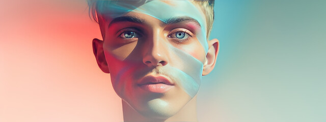 Male face, makeup art. Handsome young man close up. - obrazy, fototapety, plakaty