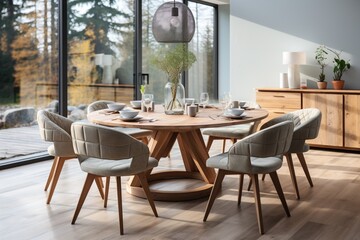 Chic interior design of modern Scandinavian dining room with a round wooden table