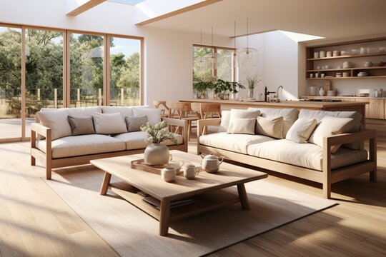 Classic home interior design of a modern living room with a wooden dining table on a woven rug and a beige sofa