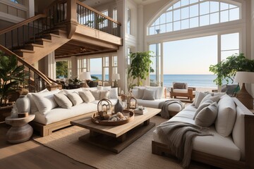 Coastal style home interior design of modern living room - obrazy, fototapety, plakaty