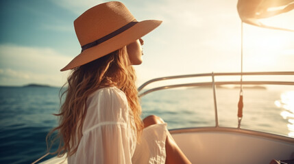 Beautiful young woman in hat and white dress relaxing on luxury yacht. Traveling and yachting concept.