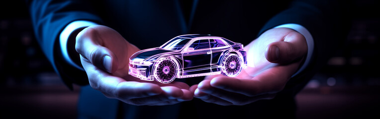 A car model neon light in hand of businessman