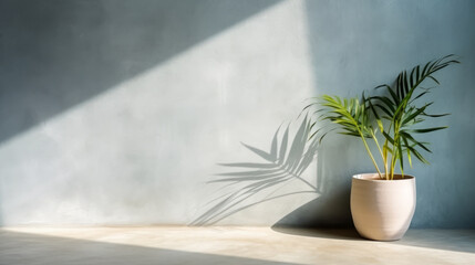 Tropical palm in clay pot and shadow on concrete wall