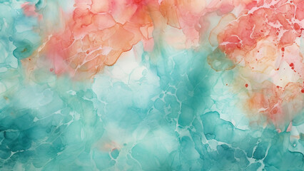 Fototapeta premium Teal and Coral Abstract Pattern with Watercolor Splatters