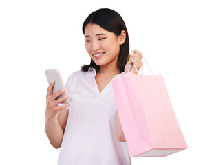 Isolated Japanese woman, phone and shopping bag with thinking, search or deal by transparent png...