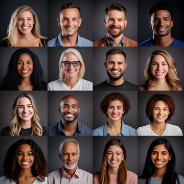 Group of various diverse people for profile picture on grey background. Diversity concept
