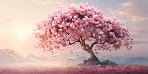 Cherry blossom tree stands in full bloom with branches adorned with delicate pink and white flowers. - obrazy, fototapety, plakaty