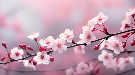 Pink cherry blossom in spring. Flower blossoms with light pink petals. Pink tree branch. Sakura.