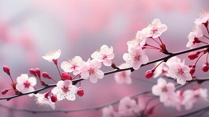 Fototapeta premium Pink cherry blossom in spring. Flower blossoms with light pink petals. Pink tree branch. Sakura.
