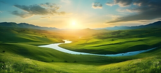 Fresh air and beautiful natural landscape of meadow with green tree in the sunny day background