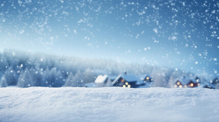 曇りガラスから見る村の雪景色