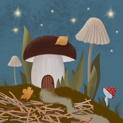 Mushrooms in the forest. Magic forest and starry sky. A house in the forest. 