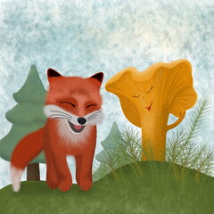 The red fox and the mushroom chanterelle. Mushrooms and animals in the forest. Book illustration.