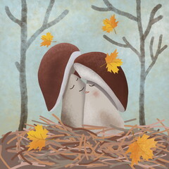 Autumn still life with mushrooms. Mushrooms in the forest. Book illustration of a couple in love