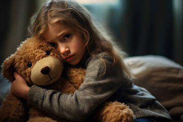 Close up lonely little girl hugging toy, sitting at home alone, upset unhappy child waiting for parents