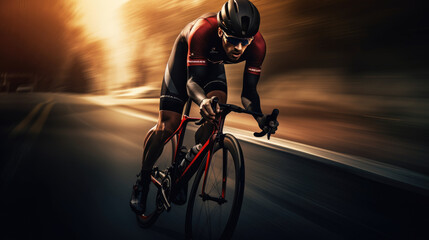 cyclist driving his bike along the road during day time ,dynamic pose. - obrazy, fototapety, plakaty