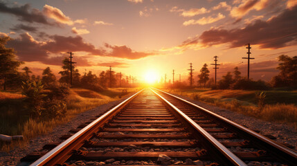 Railway Track in a Rural Scene at Sunrise Time,Detailed view of scene featuring sunset over railway. - obrazy, fototapety, plakaty