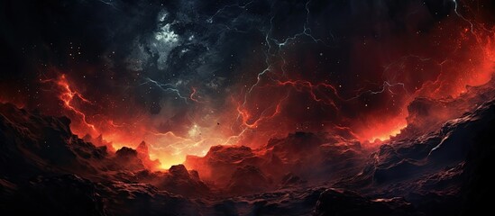 The abstract illustration showcases a stunning backdrop with a dark black sky filled with vividly lit stars and a vibrant red sun surrounded by captivating clouds and an explosion of light 