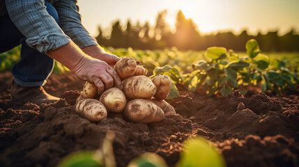 Close-up of farmer's hands planting potatoes in the field. - obrazy, fototapety, plakaty