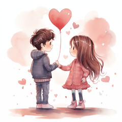 A couple of young boy and girl in love hanging Hans and a heart shaped balloon made in watercolor technique
