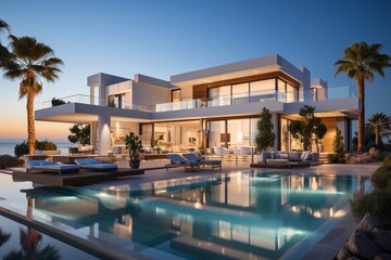 Exterior of amazing modern minimalist cubic villa with large swimming pool, luxury seaside house on sea shore among palm trees - obrazy, fototapety, plakaty