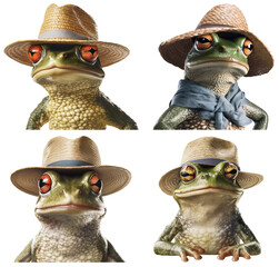 illustrations of a cheerful frog wearing a straw hat - obrazy, fototapety, plakaty