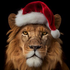 AI generated illustration of a lion wearing a Christmas hat