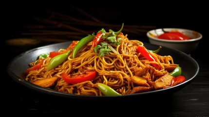  a close up of a plate of food with noodles and veggies on a black surface with a bowl of sauce in the background.  generative ai