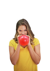 Portrait, excited and woman with a balloon, celebration and decoration isolated on a transparent background. Face, cheerful person or model with party, gift and event with happiness, birthday and png