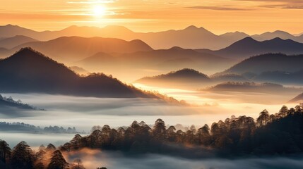 Obraz premium sunrise land dawn fog landscape illustration meadow scape, country summer, sun tree sunrise land dawn fog landscape