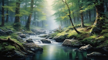 forest water scene tree landscape illustration natural scenic, picturesque park, beautiful stream forest water scene tree landscape - obrazy, fototapety, plakaty