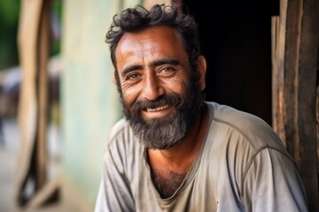 Portrait of a handsome Indian man with long beard and mustache smiling - obrazy, fototapety, plakaty
