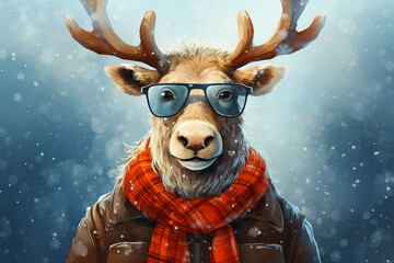 Portrait of a hipster Christmas reindeer with antlers and glasses on a snowy winter day outdoors