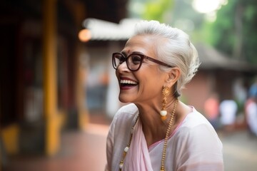 Portrait of happy senior woman in eyeglasses in the street