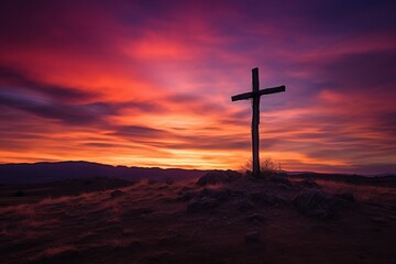 Concept or conceptual wood cross or religion symbol shape over a sunset sky background banner