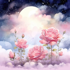 Fantasy magical morning or evening sky with fabulous romantic pink rose flowers garden, shining stars and mysterious clouds Illustration, Generative Ai