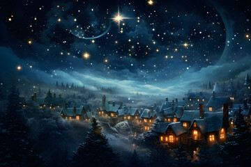 Christmas night, snow fell all over the roof covered in pure white, eye-popping beauty, celebration.