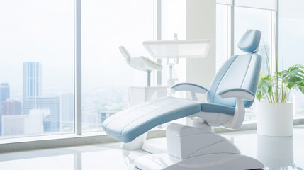 Fototapeta premium Dental teeth whitening office. Modern equipment. Gray chair. Ai generative.