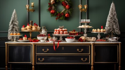  a buffet table with a bunch of desserts on top of it and a wreath on the wall behind it.  generative ai