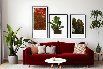 A Crimson Couch and Coffee Table, Potted Plants, Brown Theme Wall with Vertical Blank Poster in a Minimalist Room