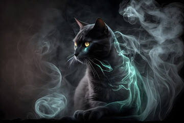 AI generated illustration of a black cat surrounded with green smoke - obrazy, fototapety, plakaty