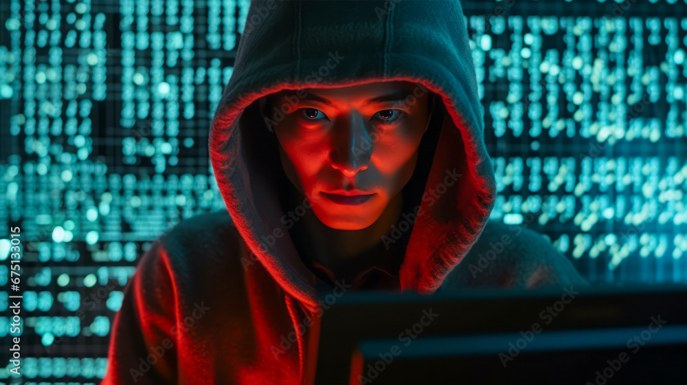 Poster portrait of hacker man in a hoodie. red blurred background. dramatic lighting. concept of data prote
