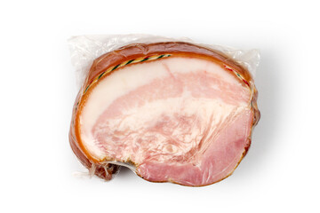 A piece of smoked pork lard in vacuum packaging. Lard on a white background.