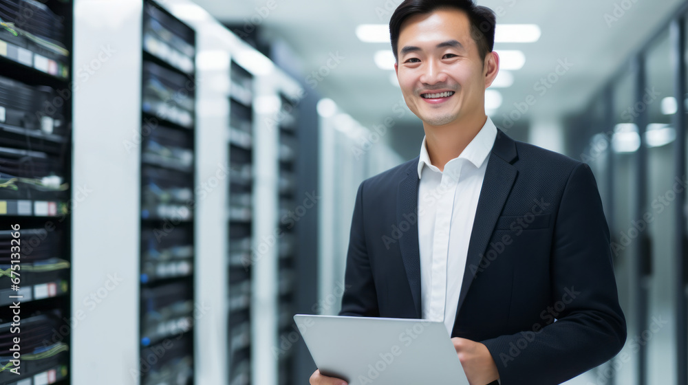 Poster server room asian specialist, cyber security concept. portrait of man. system engineer with digital 