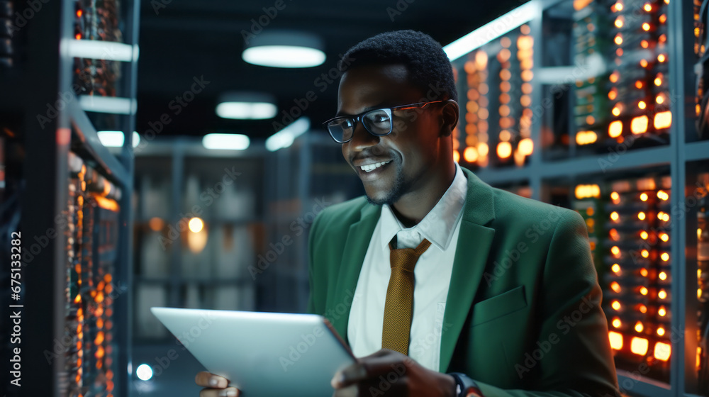 Poster portrait of black system engineer. internet security concept. data cloud protection network, server 