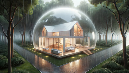 House protected by transparent sphere from natural disaster flood and rain. Insurance and safety concept. Ai generative.