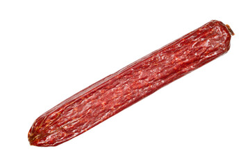 Raw smoked sausage on a white background. Smoked sausage close-up.